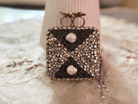 Turkish Luxury Black Silver Clutch with Pearl Knot Design