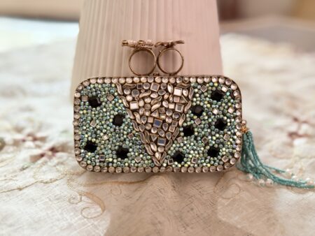 Turkish Embellished Mirror Work Clutch with Teal Beads & Tassel