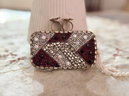 Turkish Elegant Party Clutch Maroon, Gold & Pearl Beaded Style