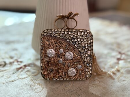 Turkish Embellished Gold Clutch with Kundan & Pearl Detailing