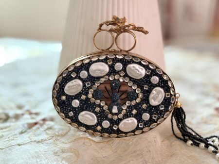 Turkish Elegant Blue Beaded Clutch with Pearl and Crystal Embellishments