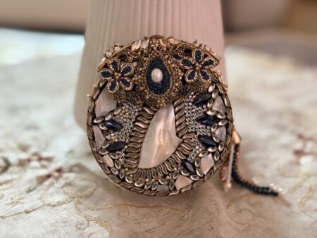 Turkish Luxury Pearl & Blue Stone Clutch with Floral & Crystal Embellishments