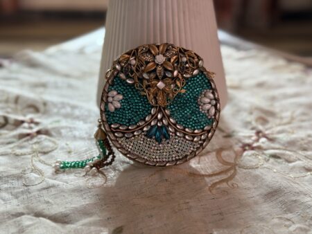 Turkish Glamorous Emerald Round Clutch Pearl & Crystal Embellishments
