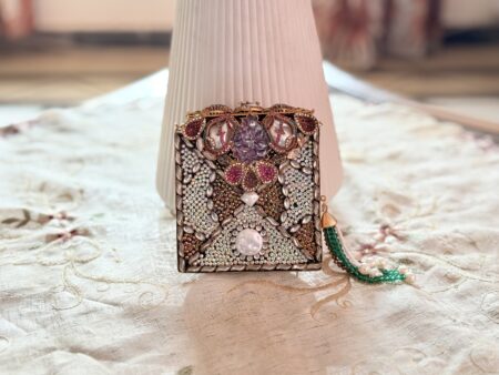 Turkish Artisan Beaded Clutch Pink, Green & Pearl Floral Embellishments