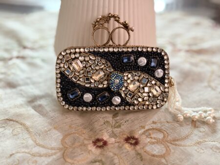 Turkish Black & Gold Handcrafted Clutch with Crystal and Pearl Embellished Luxury Design