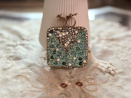 Turkish Mint Green Gold Handcrafted Clutch with Crystal and Pearl Embellished Design