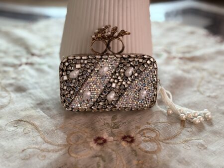 Turkish Luxury Pearl & Crystal Clutch with Handcrafted Gold and Beaded Design