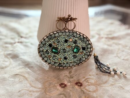 Turkish Emerald Oval Handcrafted Clutch with Crystal & Golden Leaf Embellished Design