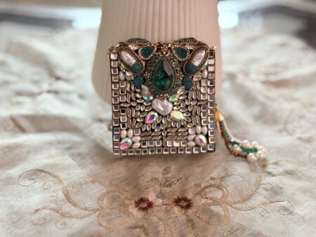 Turkish Emerald Square Clutch with Golden & Floral Detailing