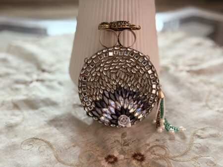 Turkish Luxury Round Crystal Clutch with Golden & Pearl Detailing